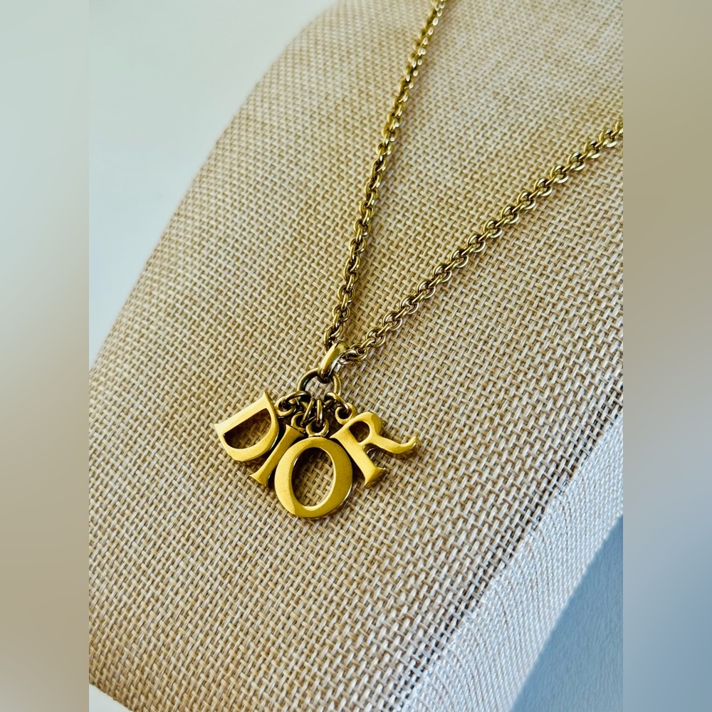 Christian Dior Logo Letter Drop Necklace Gold Toned Authentic